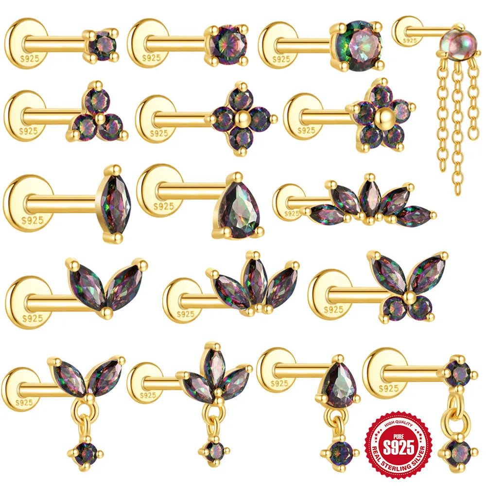 S925 sterling silver earrings with flat head, rainbow stone, and thread post in gold colour options