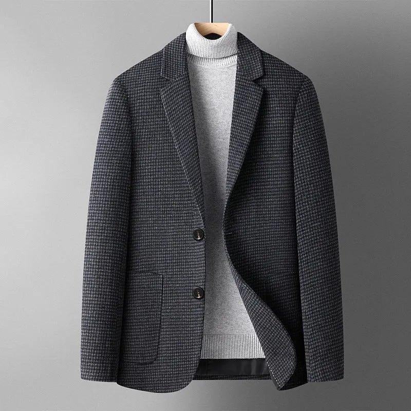 Men's slim-fit wool suit jacket in grey, black, camel, or houndstooth with non-ironing fabric for autumn wear.