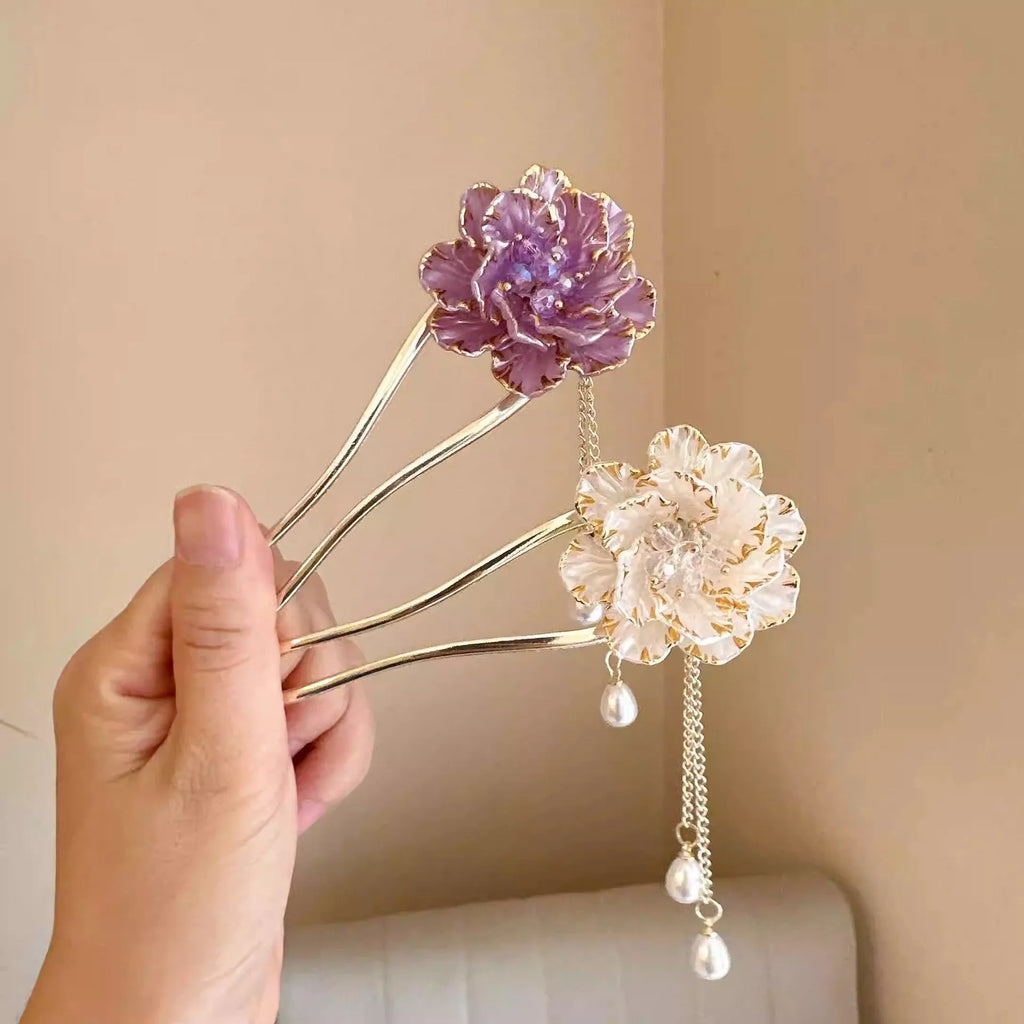 Purple and white peony flower tassel U-shaped hairpin with 6cm alloy design