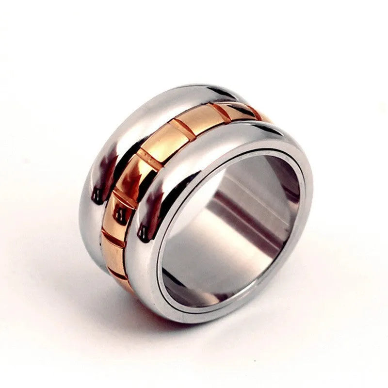 Gold titanium steel ring with rotating ultra-wide knuckle section shown in multiple size options