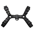 Black leather chest strap with metal buckle adjustable from 80 to 110 centimetres