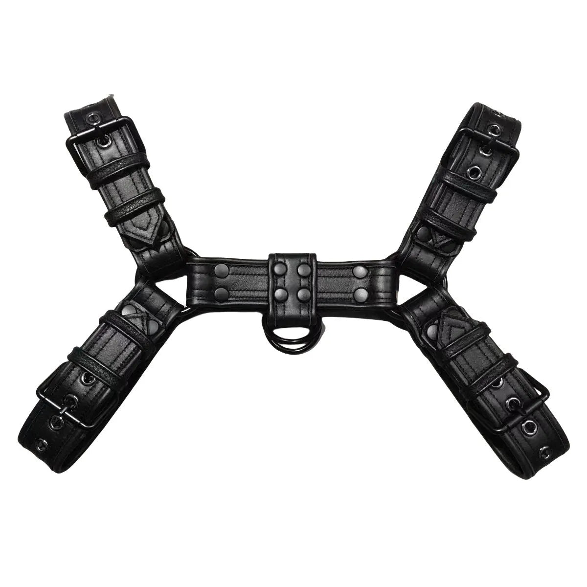 Black leather chest strap with metal buckle adjustable from 80 to 110 centimetres