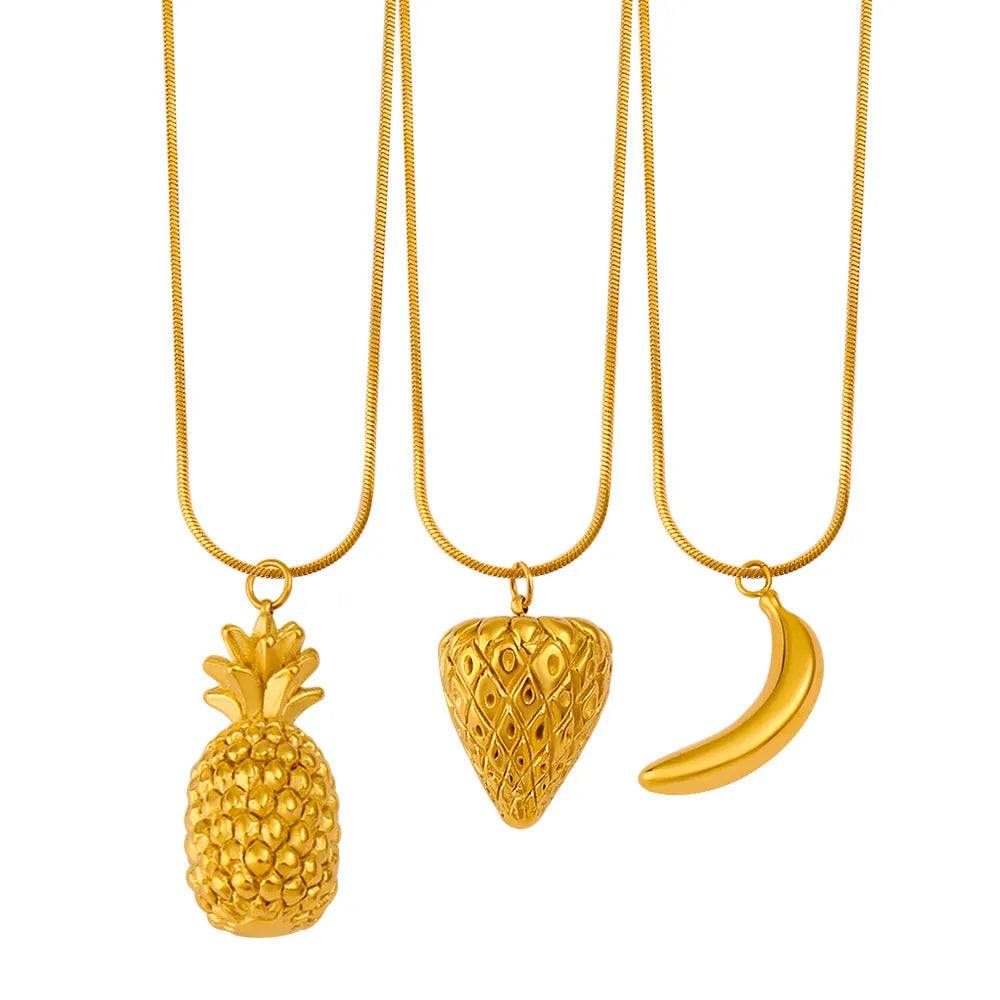 Stainless steel fruit necklace pendant with 45cm chain, showing apple, grape, and watermelon designs