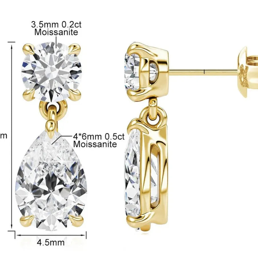 925 sterling silver moissanite stud earrings with round and water drop stones on gold or silver background