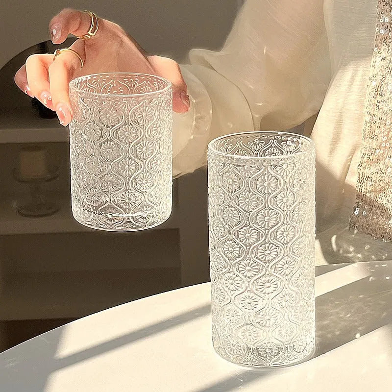 A carved begonia pattern glass cup shown in two heights: a short 250ml cup and a tall 360ml cup.