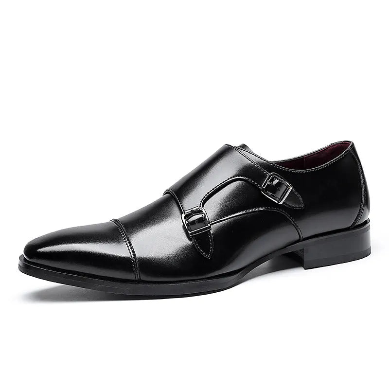 Men's black and light brown leather casual shoes with a square toe and low-top design