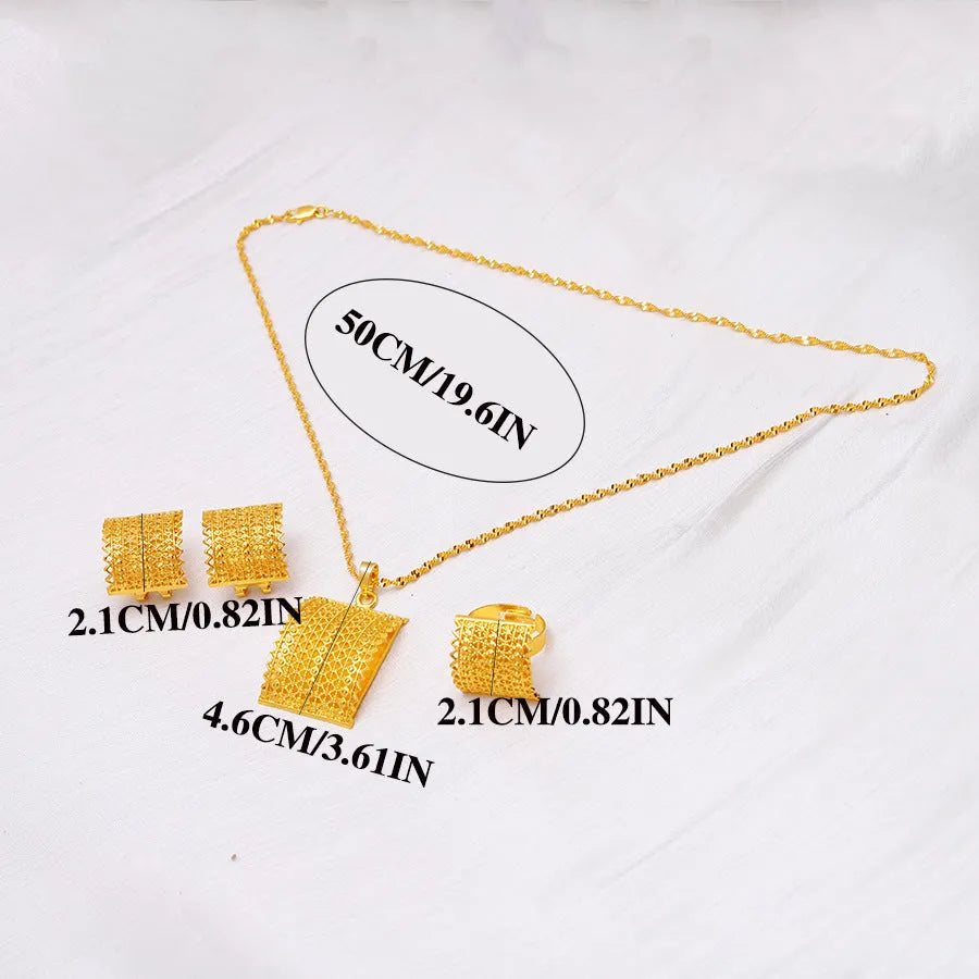 Golden colour bridal jewelry set with copper necklace, earrings, and ring combination