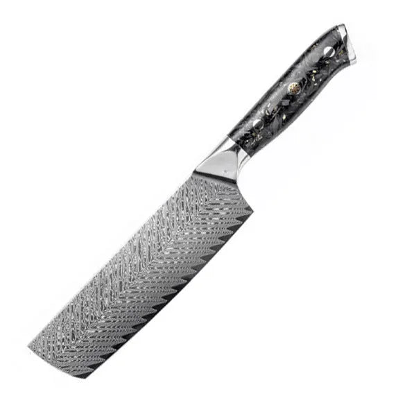67-layer Damascus steel kitchen knife set with fishbone pattern, showing 8 knives including fruit, steak, and boning knives