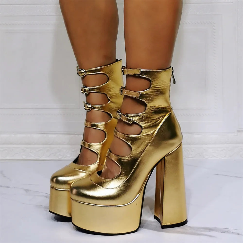 Women's black waterproof platform high heels with serpentine belt buckle and 4cm thick heel
