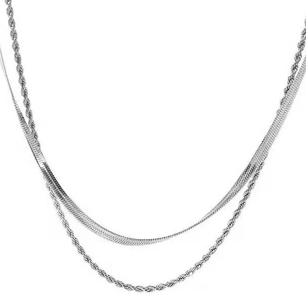 Adjustable double-layer twist necklace with geometric design on snake bones chain, showing 21-50cm length range