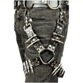 Women's black PU leather leggings with high waist, showing front and side views