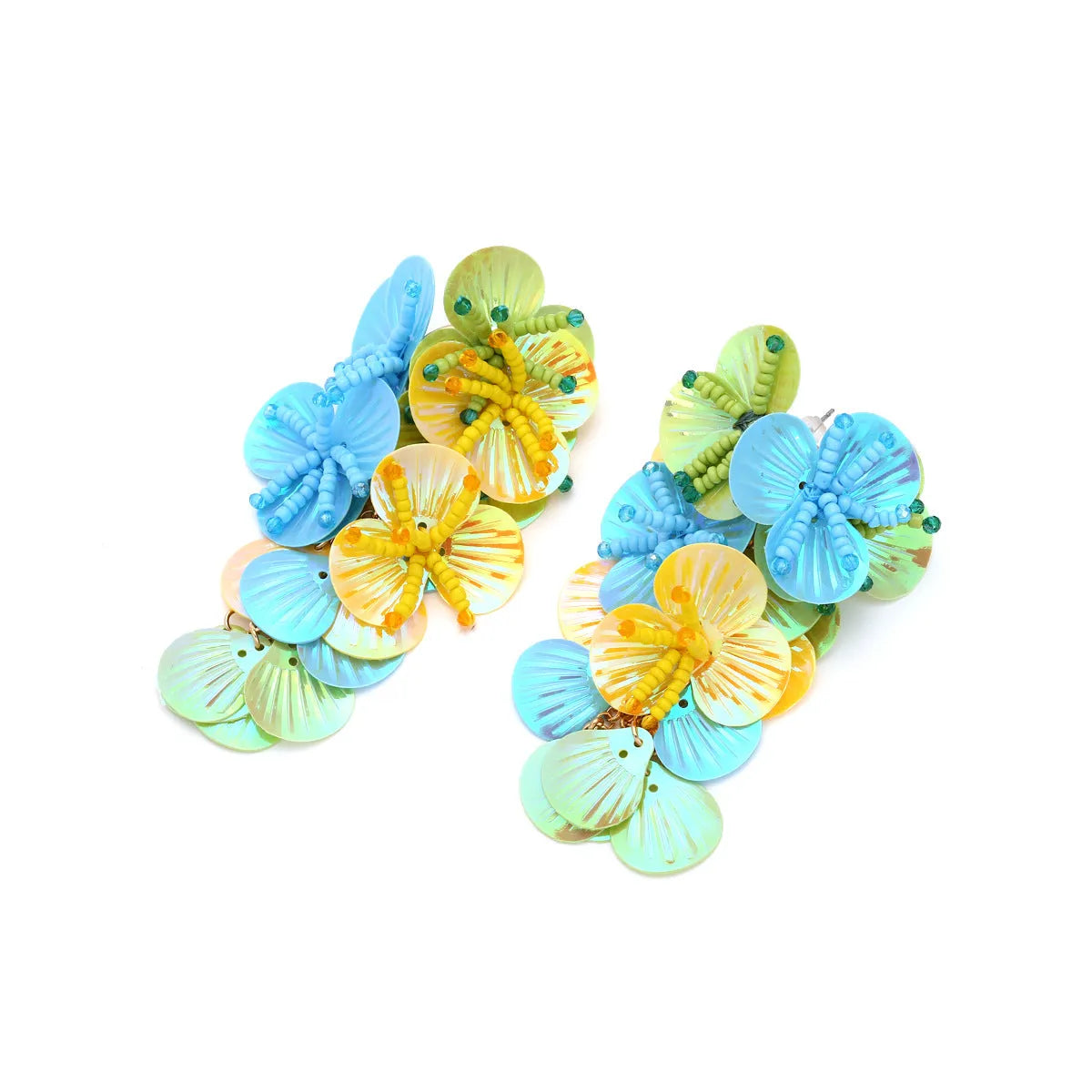 Handmade string bead flower earrings with exaggerated floral designs in rose and purple colours, measuring 5-7cm
