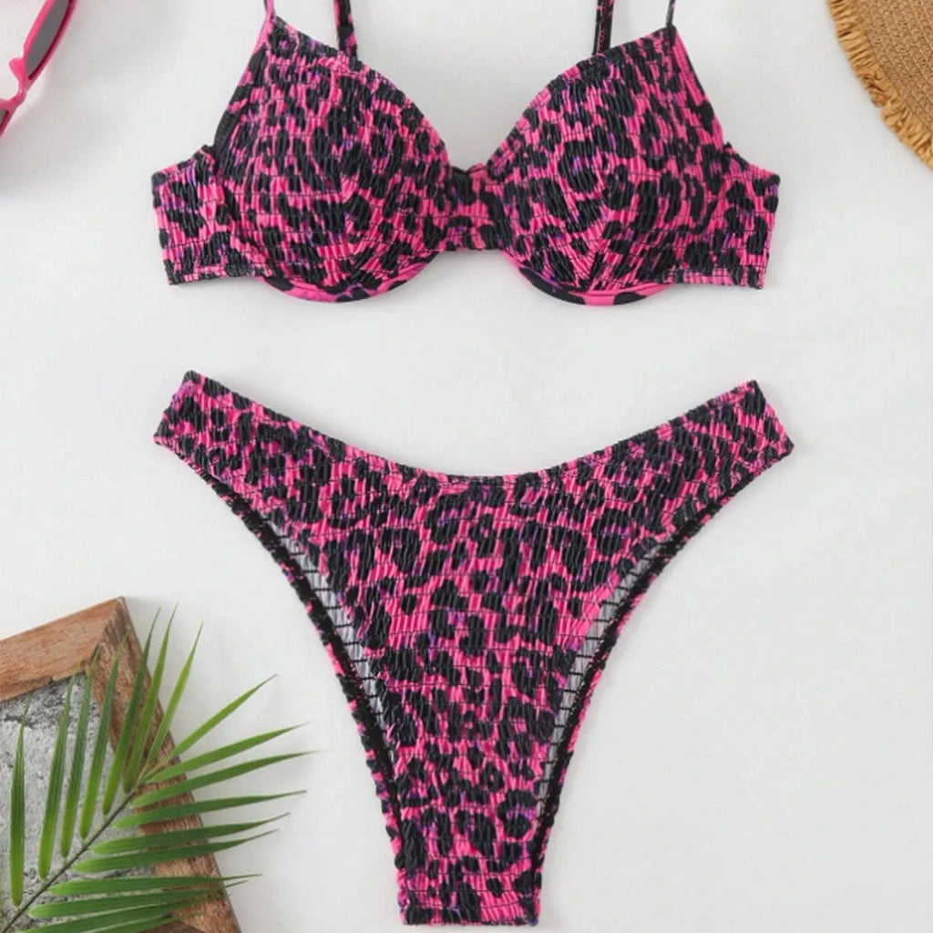 Leopard point bikini swimsuit with backless design in brown mixed colour, showing front and rear views