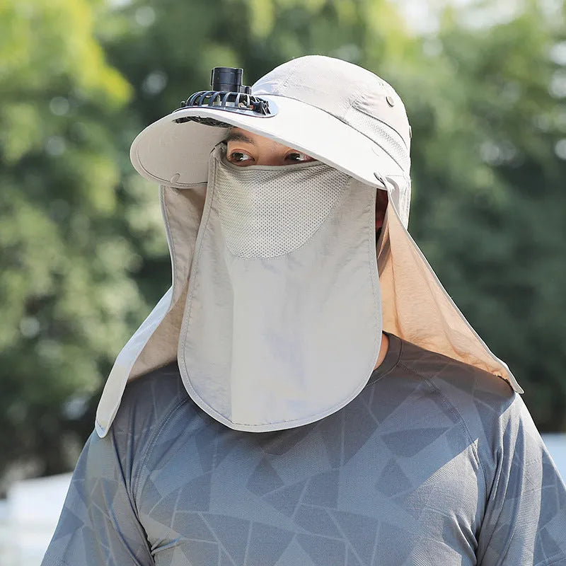 Men's khaki sun protection hat with USB fan and attached neck covering shawl for outdoor use
