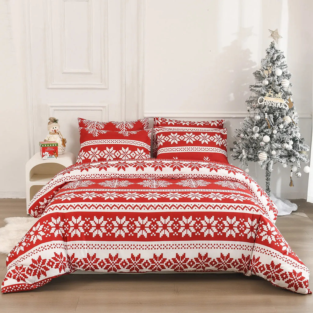 Red chemical fibre bedding set with Christmas Love Song pattern, sanding weave texture, shown on bed