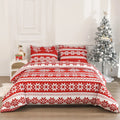 Red chemical fibre bedding set with Christmas Love Song pattern, sanding weave texture, shown on bed