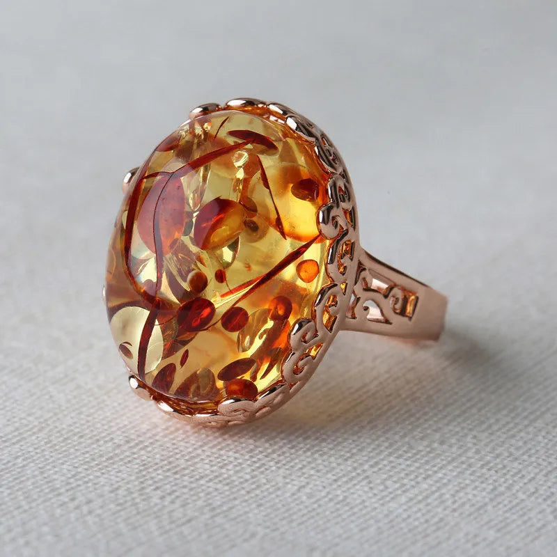 Beeswax amber ring with New Amber Type A colour and alloy band in retro ethnic style