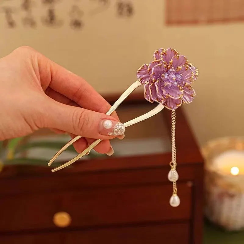 Purple and white peony flower tassel U-shaped hairpin with 6cm alloy design