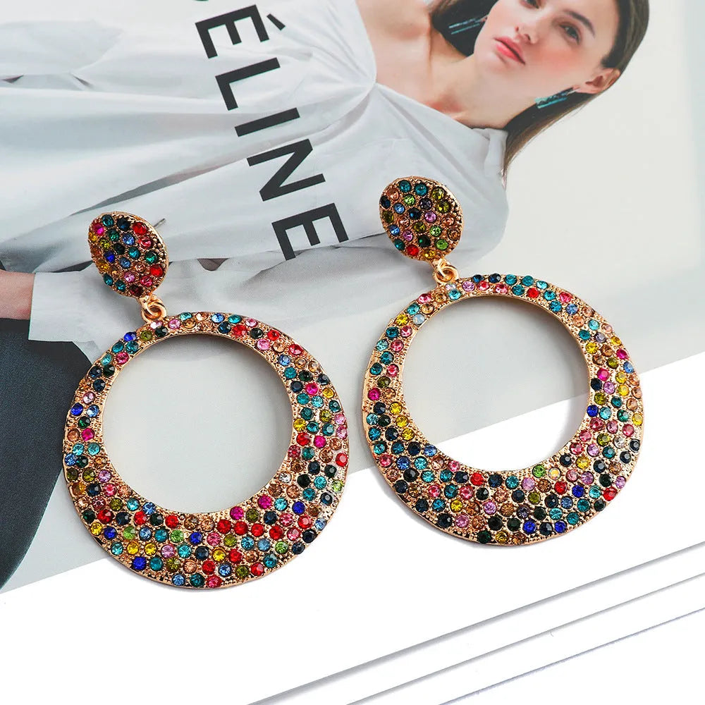 European American fashion metal diamond round colour large pendant earrings with 3-4cm diameter