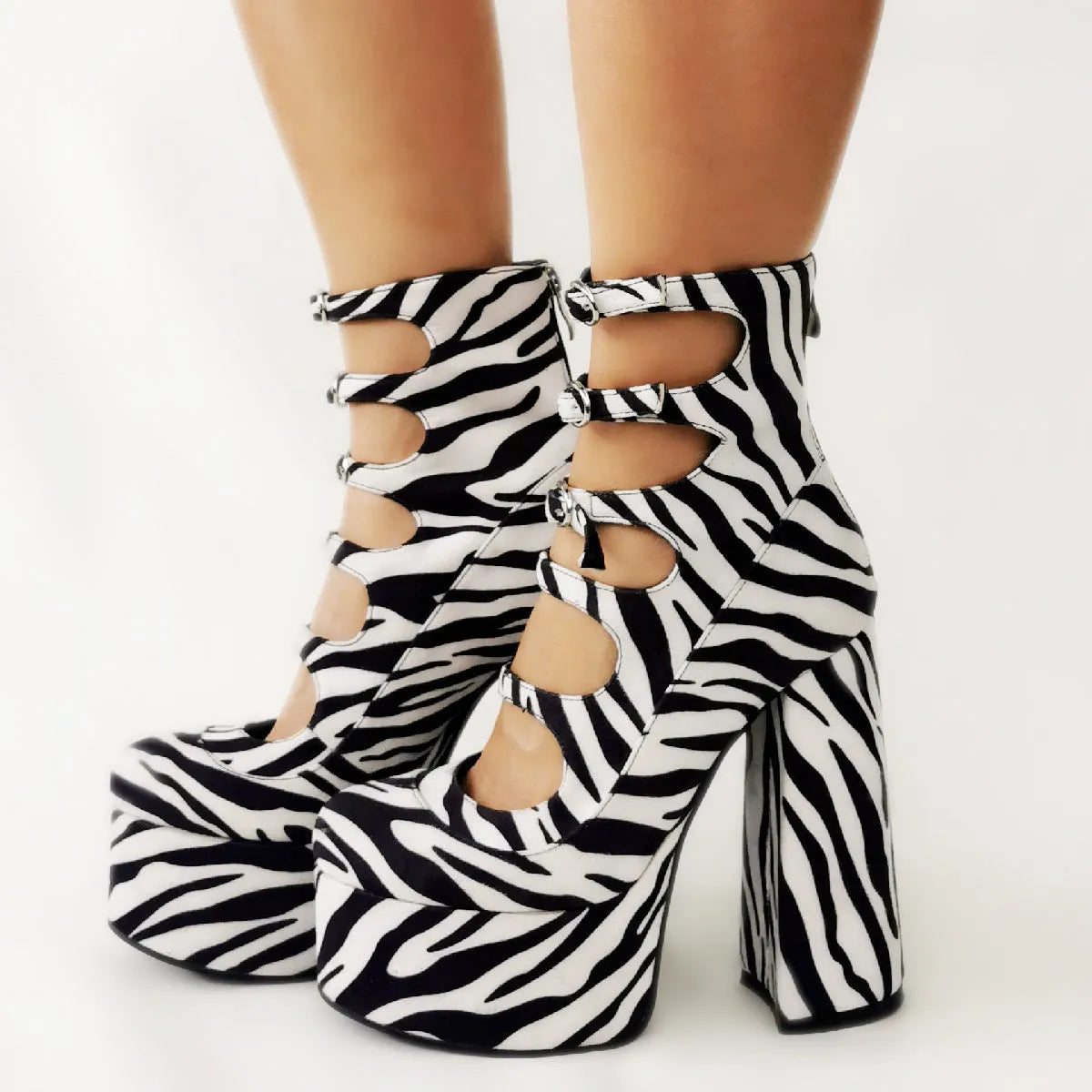 Women's black waterproof platform high heels with serpentine belt buckle and 4cm thick heel