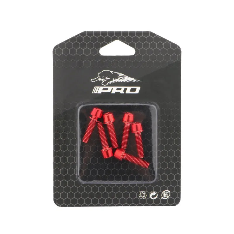 Six stainless steel mountain bike riser screws in various colours on card packaging