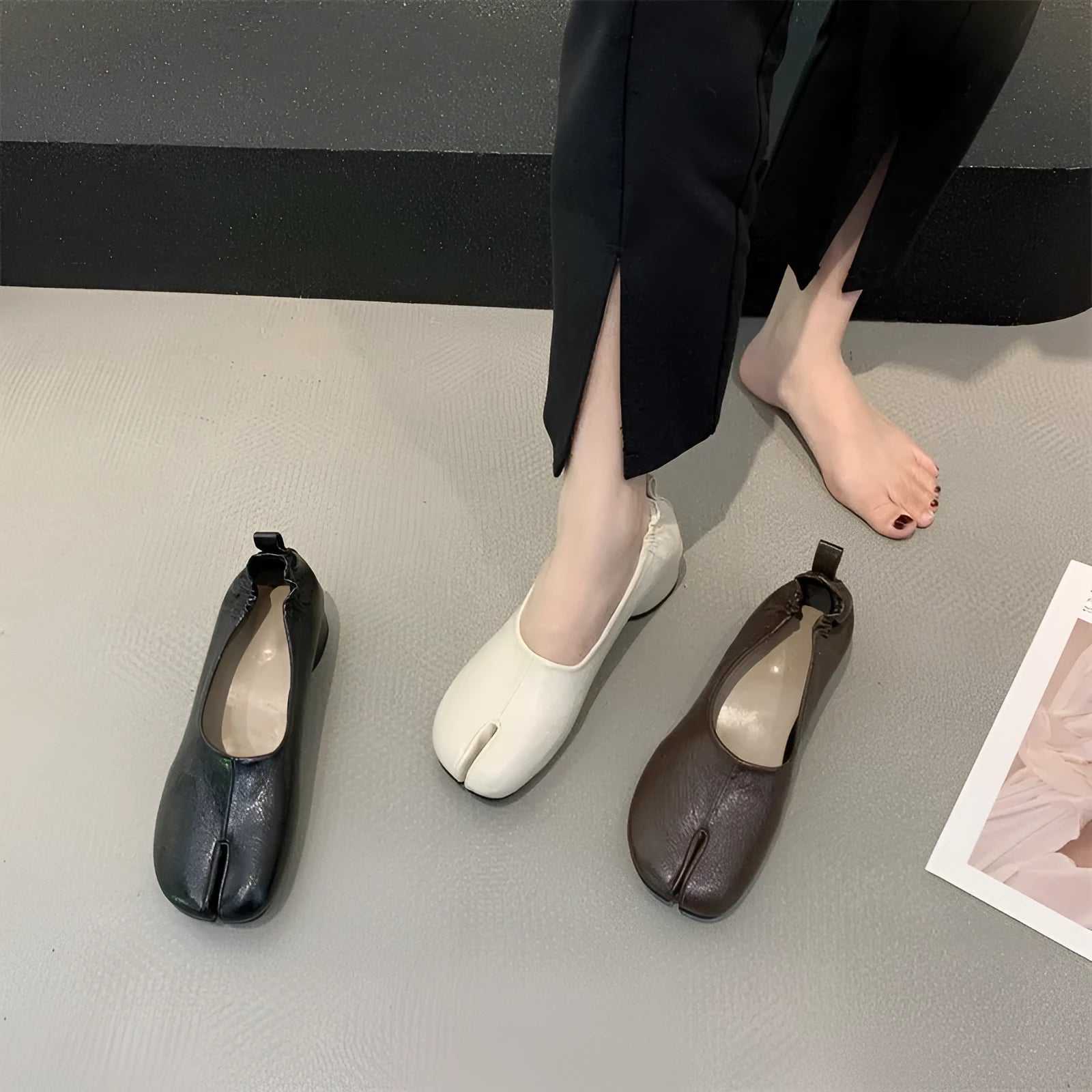 Women's round-toe chunky heel pumps with horseshoe split toe in apricot, black, or brown colours