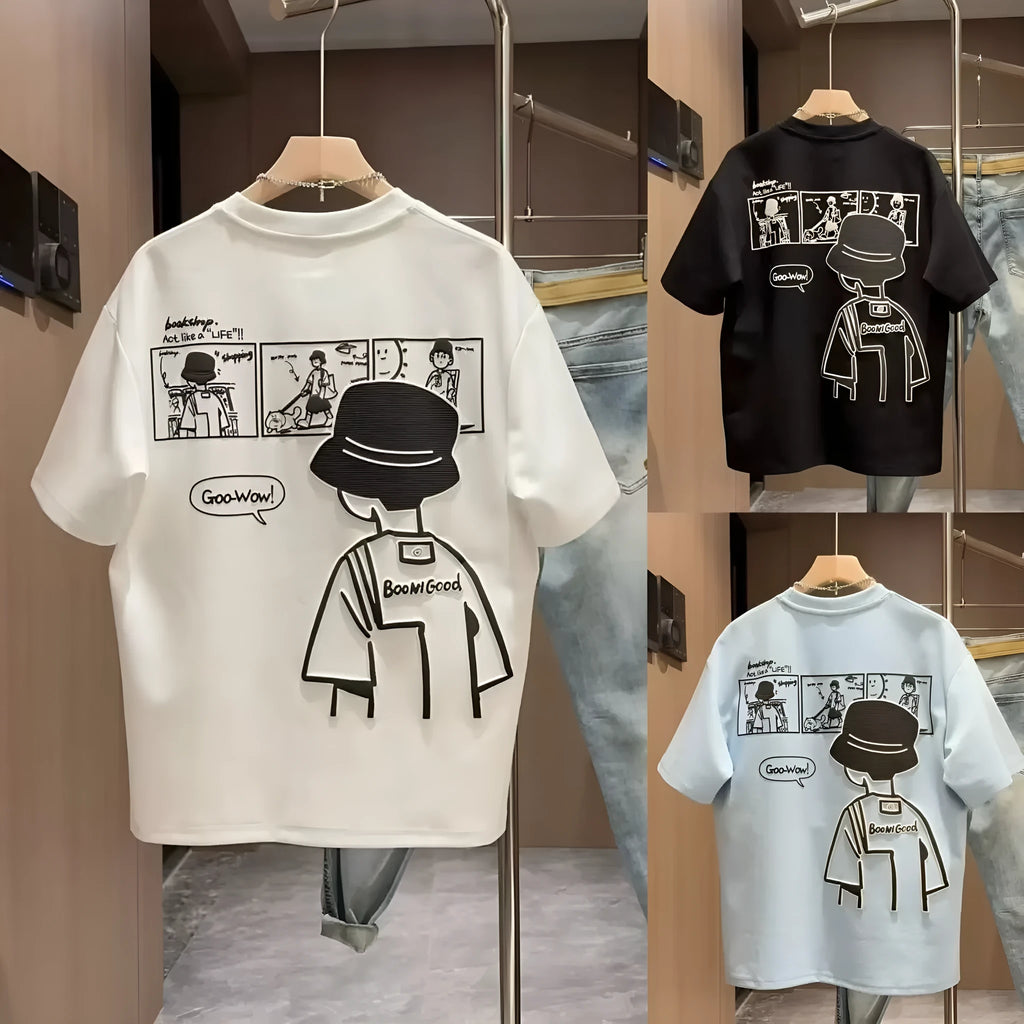 Cotton crew neck t-shirt with cartoon print in black or white colour option