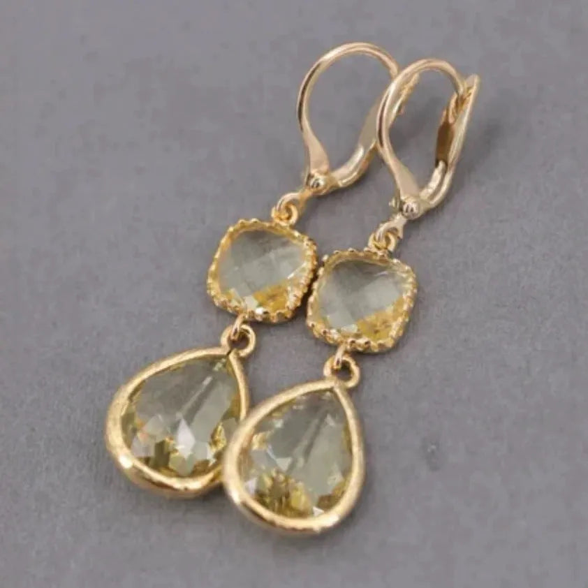 Gold geometric copper earrings with 8cm water droplet crystal fringe, European-American retro style