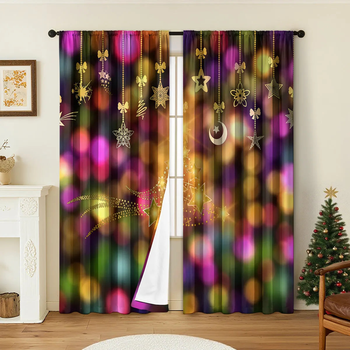 3D digitally printed Christmas curtains pair showing textured festive pattern on polyester fabric