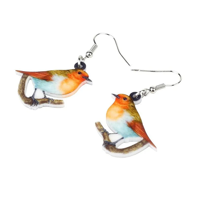 Acrylic geometric earrings with blue titmouse pendant design and snake element accents