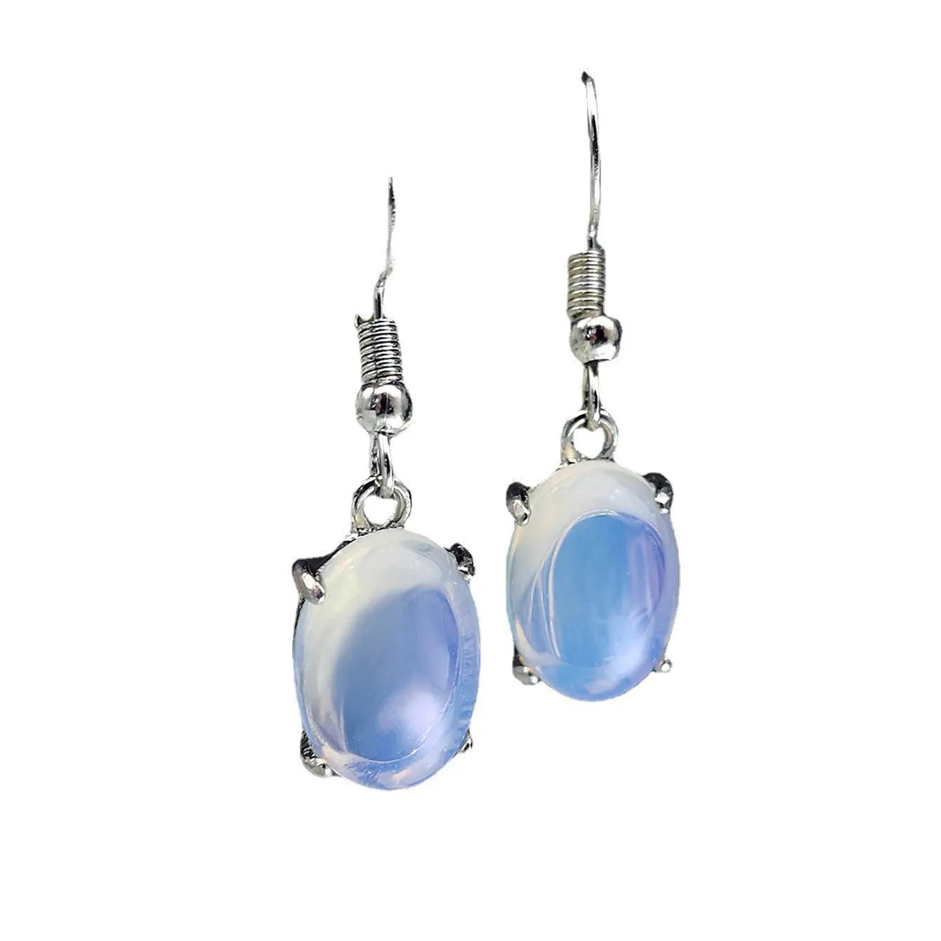 Electroplated alloy opal earrings with moonlight white finish and retro moonstone drop design featuring cross motif