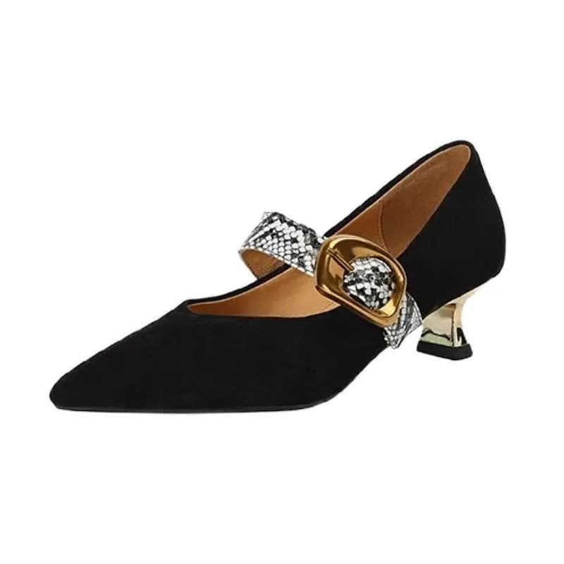 Women's black stiletto high heels with French pointed toe and decorative buckle fastening