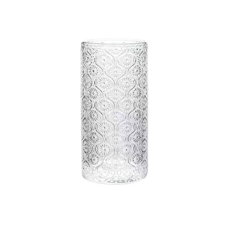 A carved begonia pattern glass cup shown in two heights: a short 250ml cup and a tall 360ml cup.
