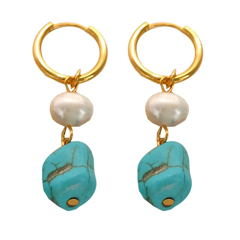 Irregular turquoise ear clips with cultured pearls on copper geometry frame, showing both short and dangle earring options