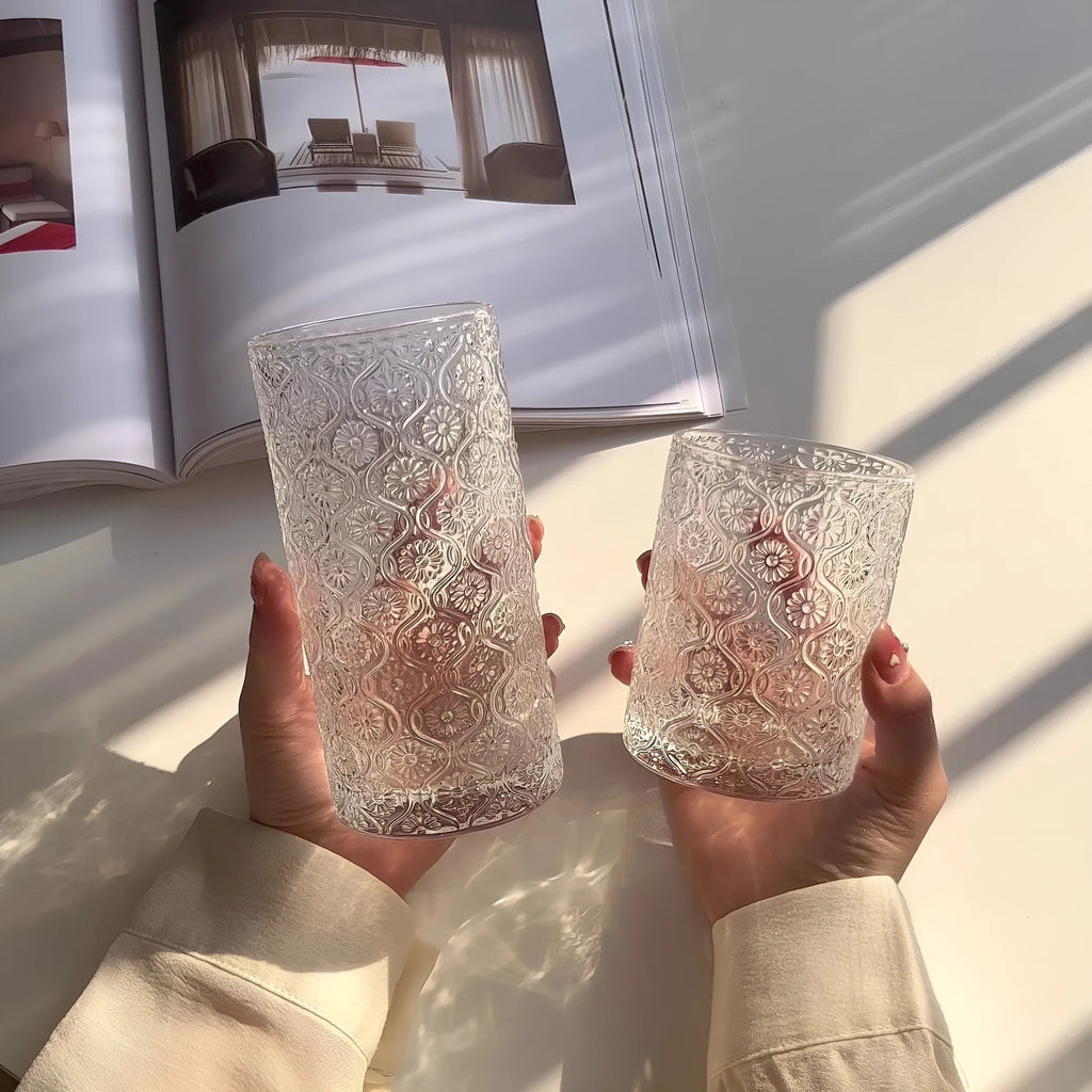 A carved begonia pattern glass cup shown in two heights: a short 250ml cup and a tall 360ml cup.