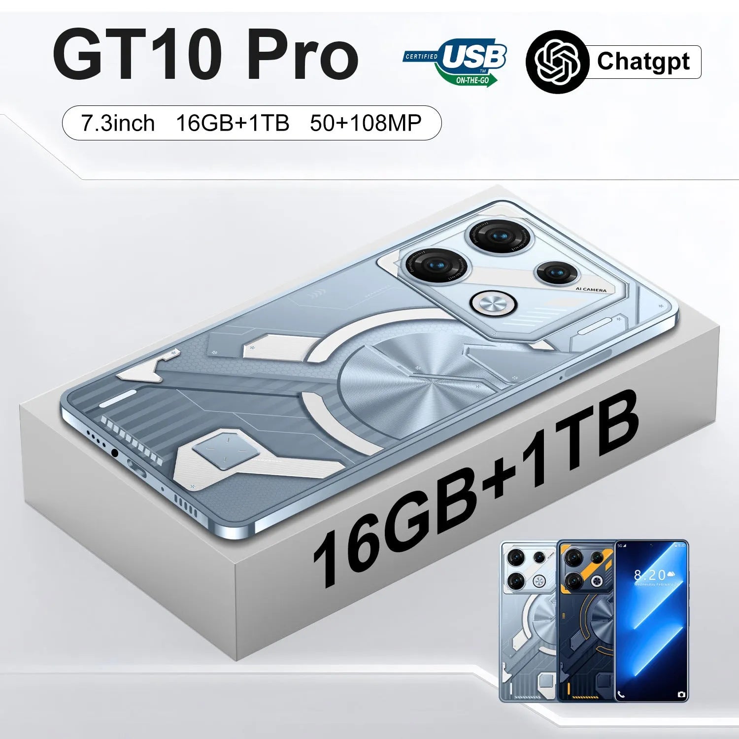 Portable Home Fashion GT10 Pro Android smartphone in Blue or Silver with straight plate design.