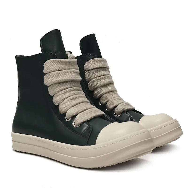 High-top leather sneakers with side zipper in black, showing platform heel and stitching details