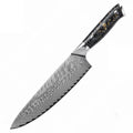 67-layer Damascus steel kitchen knife set with fishbone pattern, showing 8 knives including fruit, steak, and boning knives
