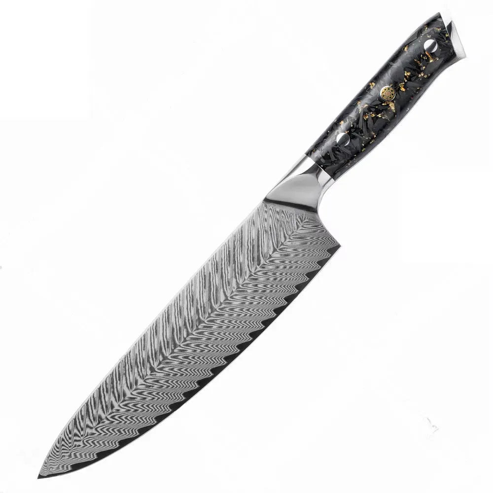 67-layer Damascus steel kitchen knife set with fishbone pattern, showing 8 knives including fruit, steak, and boning knives