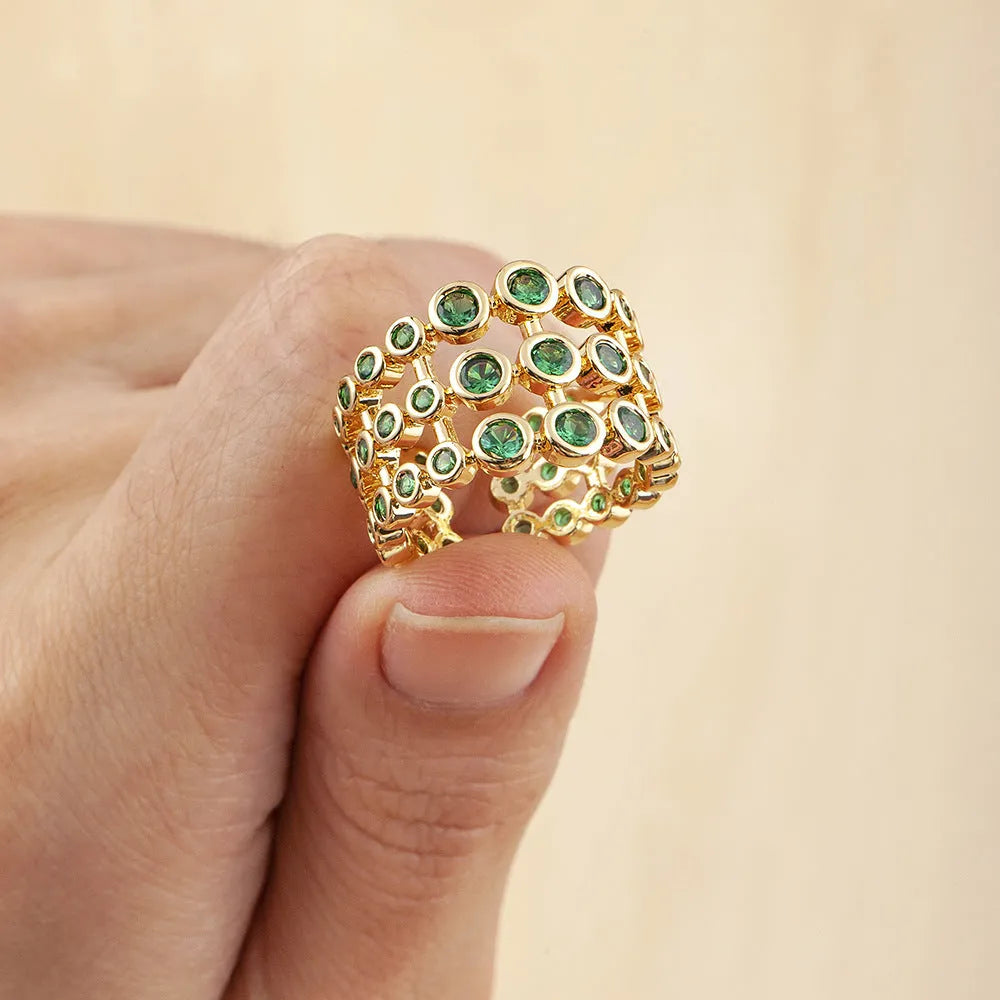 Copper 18K gold-plated wide ring with green zircon embellishments on 2.5 cm band