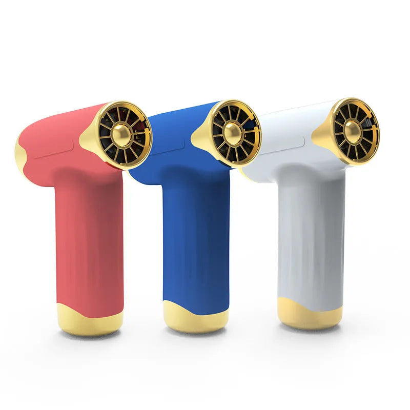 Blue handheld fan showing 8.2cm width with brushless turbofan design and multiple function controls