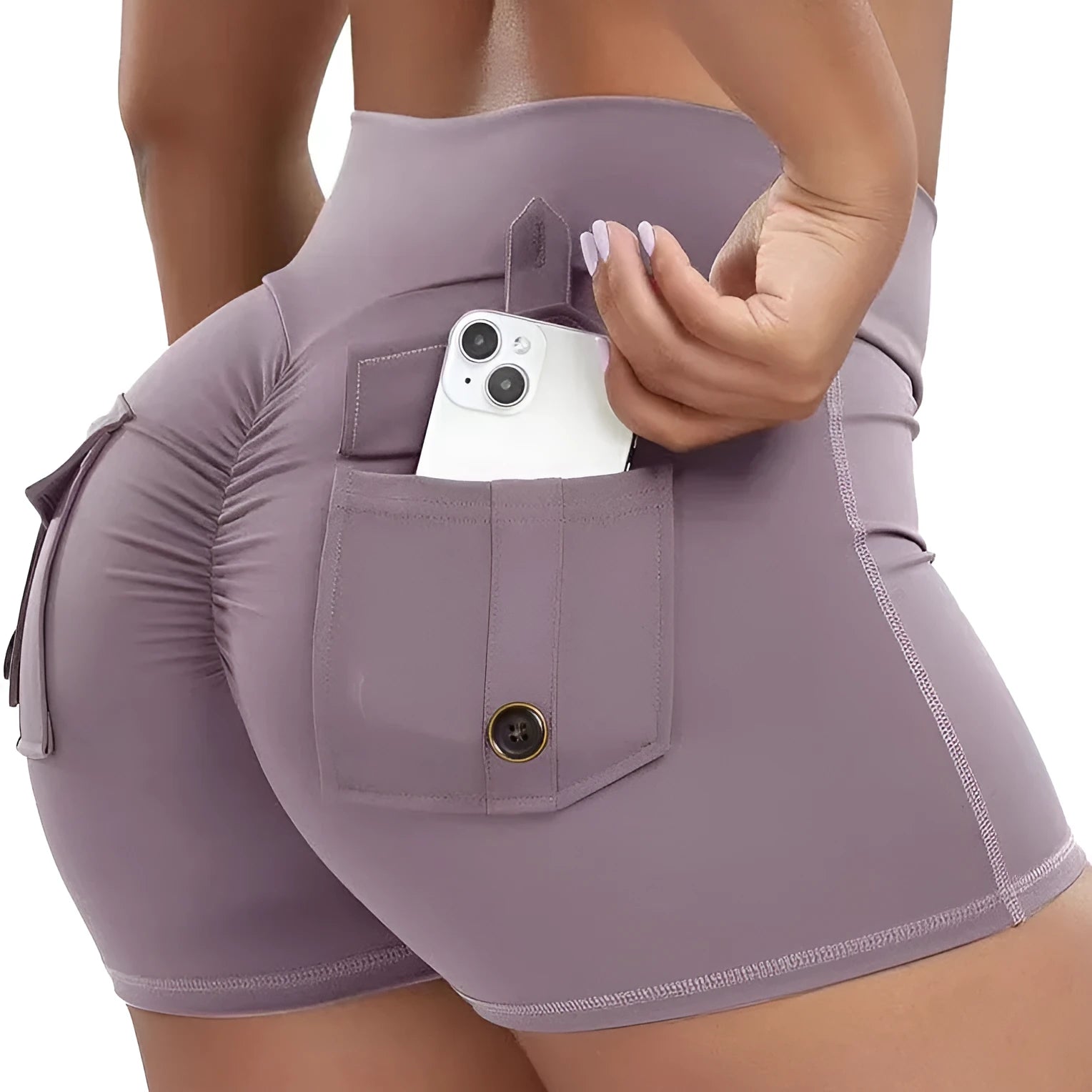 Women's hip tight fitting nylon-blend workout shorts in grey, shown on a model.