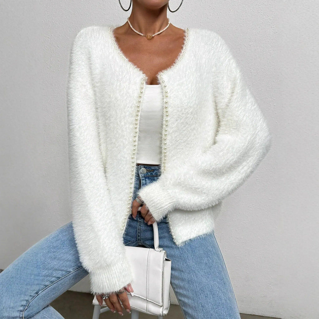 White women's V-neck cardigan with bead knit detailing, 50cm length, medium thickness polyester fabric