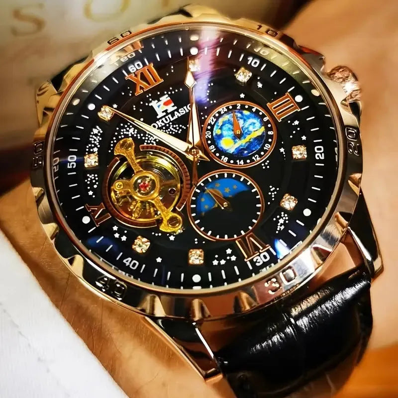 Men's automatic mechanical watch with black dial, rose gold case, and leather strap showing hollow design