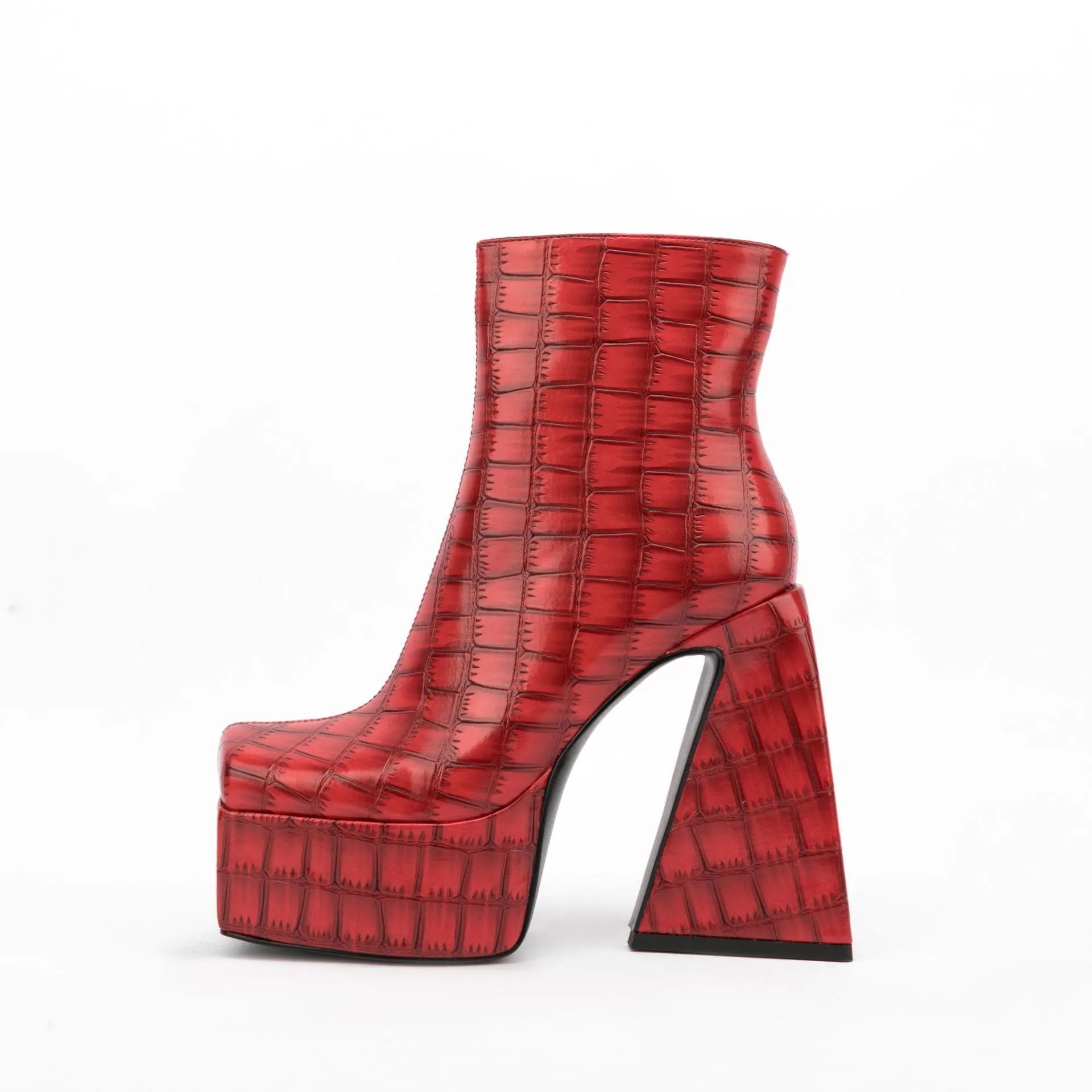 Women's ankle boots with 8cm+ heels in red, green, black, beige, or brown colours, artificial PU material