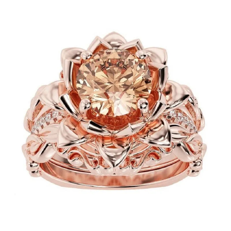 Women's electroplated alloy ring with geometric rose flower design and zircon stone inlay.