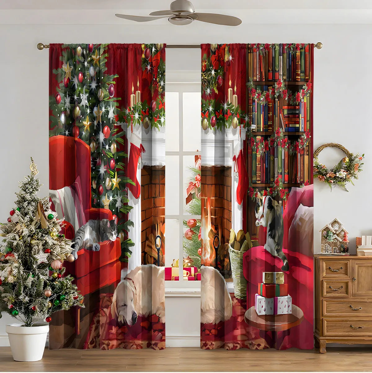 3D digital printed Christmas curtain in a European style, showing modern simplicity design and polyester fabric