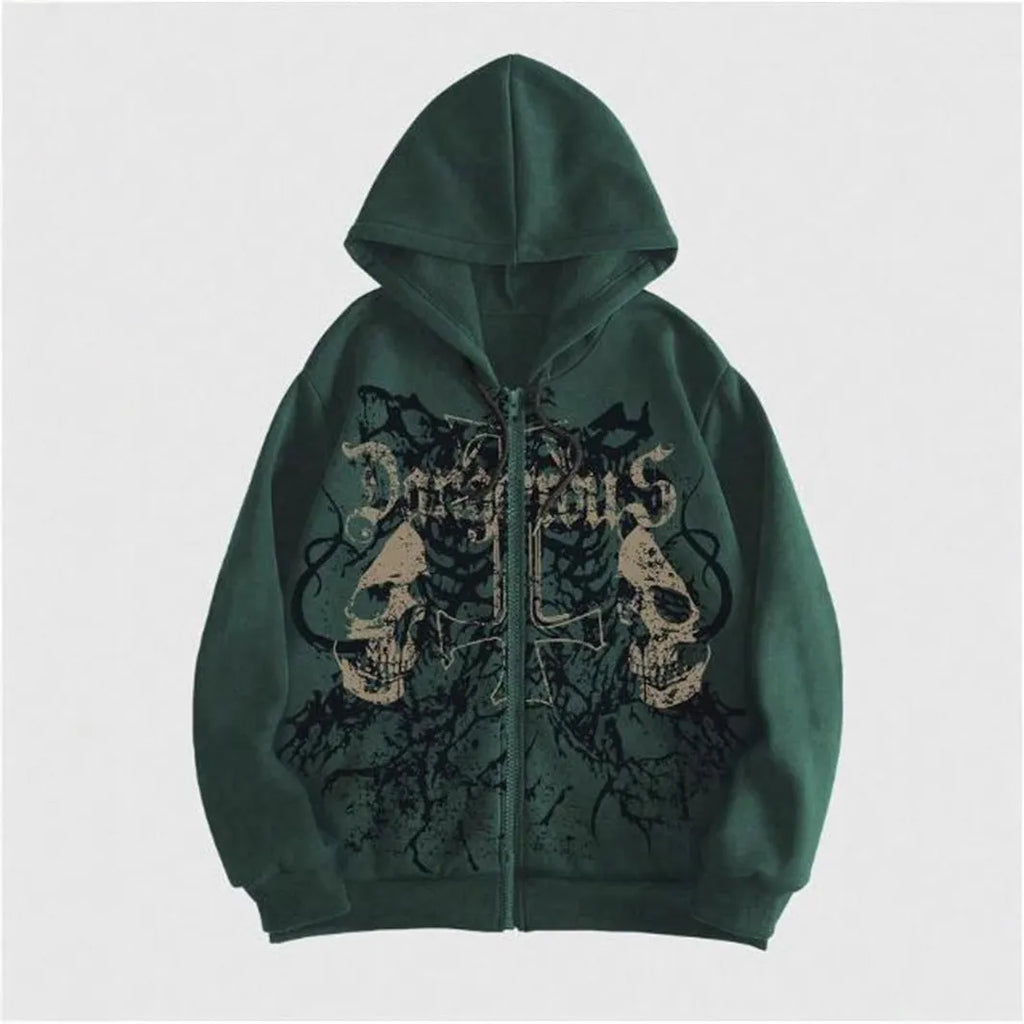 Black hooded sweatshirt with a detailed skull print on the chest, featuring long sleeves and a pullover design.