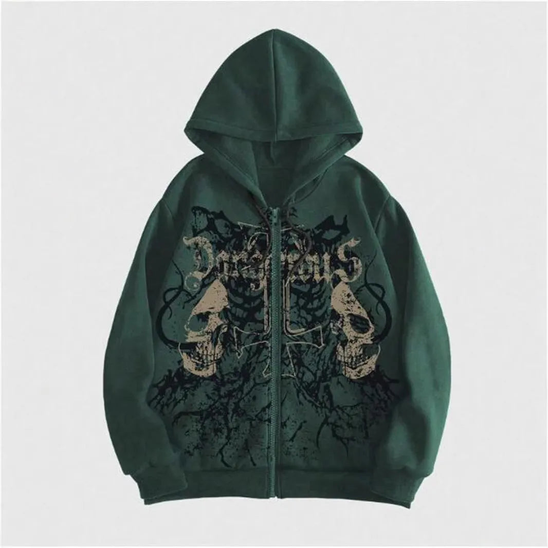 Black hooded sweatshirt with a detailed skull print on the chest, featuring long sleeves and a pullover design.