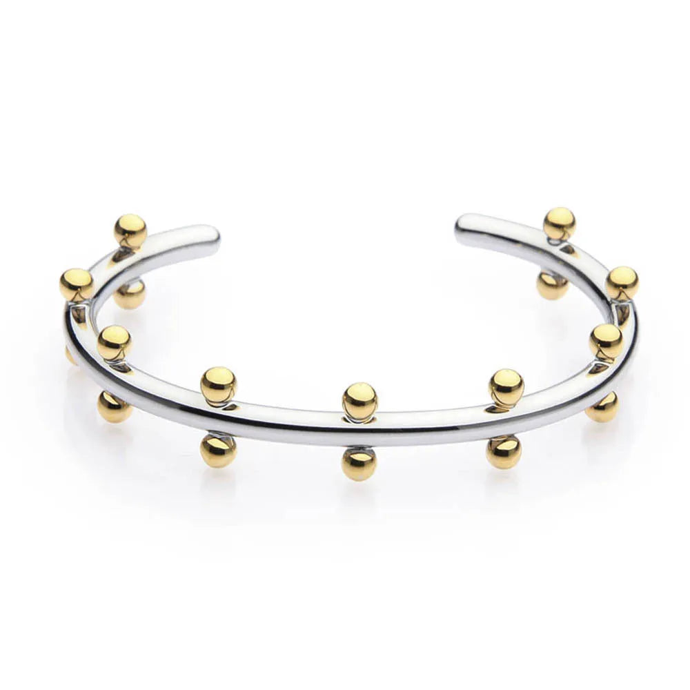 Stainless steel adjustable bracelet with C-shaped links and rivet-shaped bean beads in gold, steel, or steel gold finish